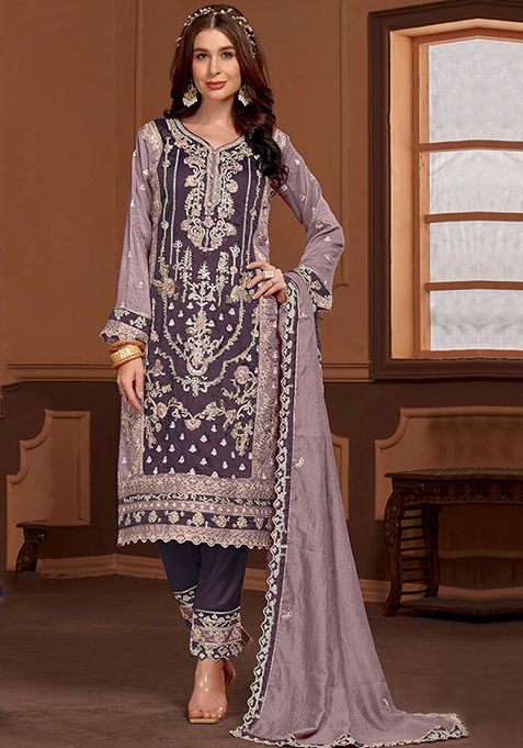 Dark Purple Embroidered Silk Kurta Set