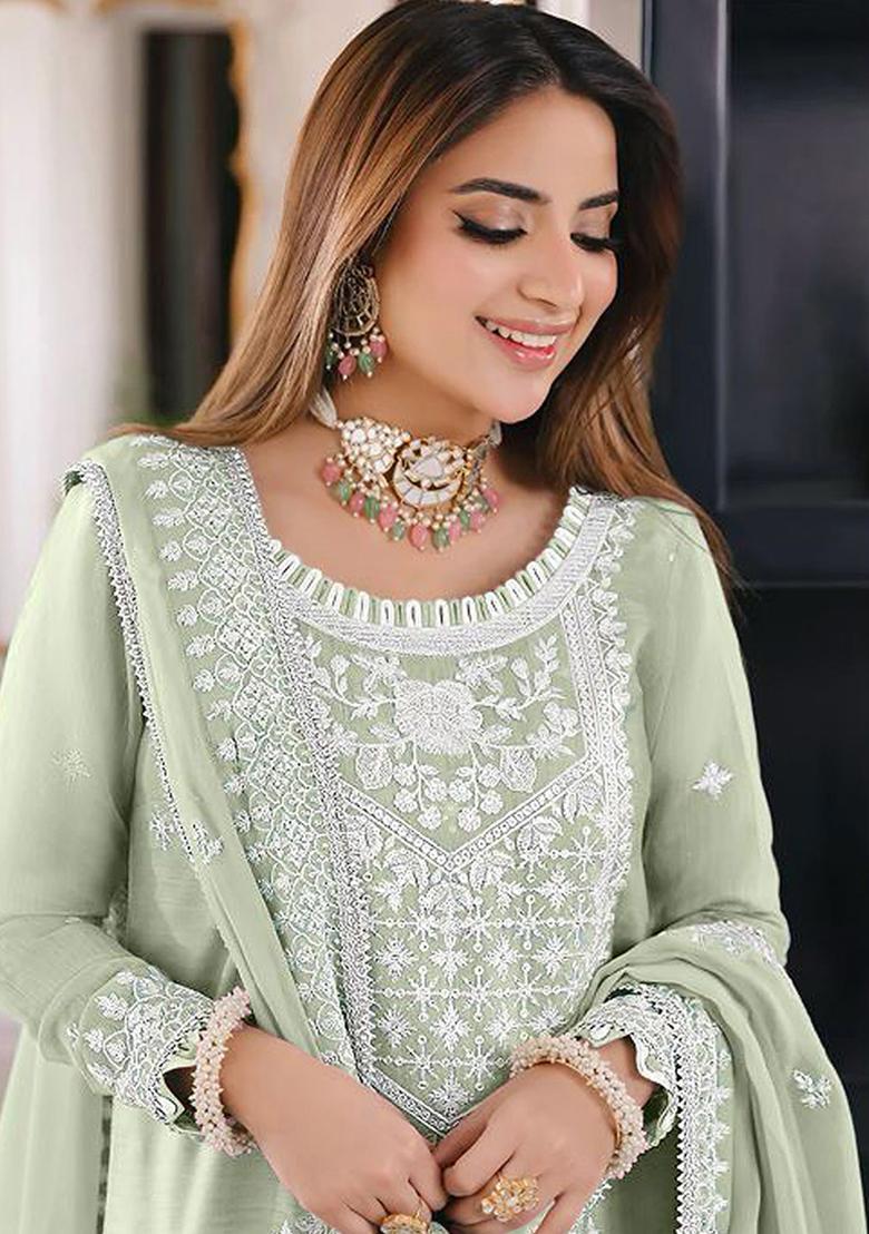 Light Pista Green Embroidered Organza Kurta Set