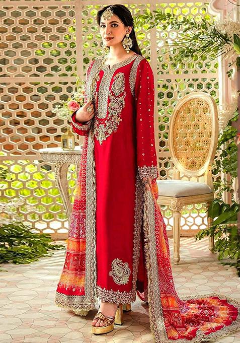 Red Embroidered Faux Georgette Kurta Set