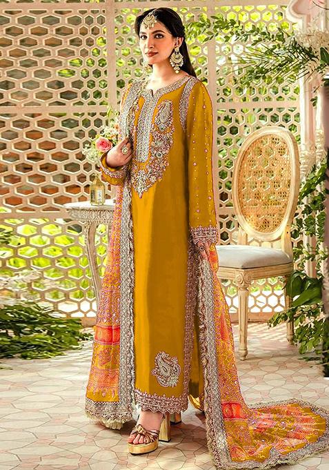 Mustard Embroidered Faux Georgette Kurta Set