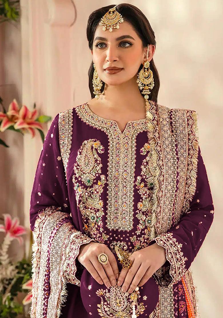 Dark Purple Embroidered Faux Georgette Kurta Set