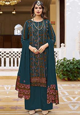 Dark Teal Embroidered Faux Georgette Kurta Set