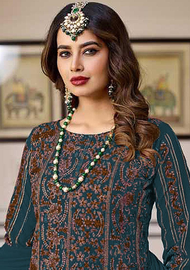 Dark Teal Embroidered Faux Georgette Kurta Set
