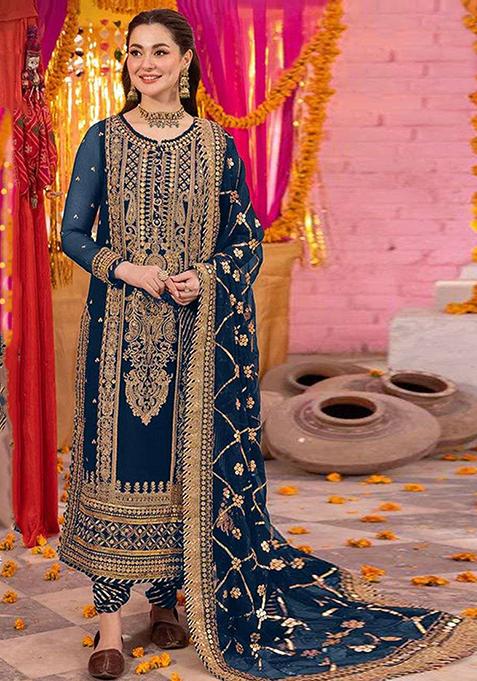 Navy Blue Embroidered Faux Georgette Kurta Set