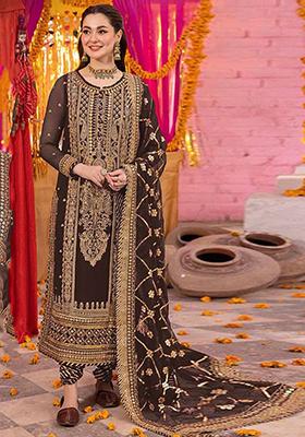 Dark Brown Embroidered Faux Georgette Kurta Set