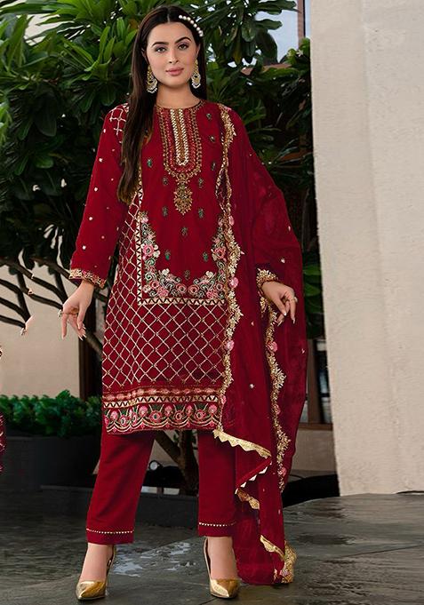 Maroon Embroidered Faux Georgette Kurta Set