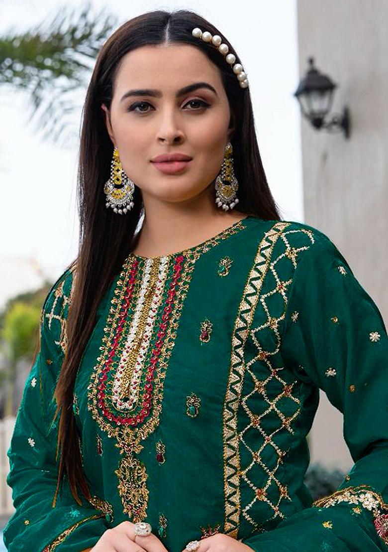 Dark Green Embroidered Faux Georgette Kurta Set