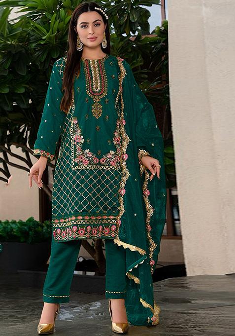 Dark Green Embroidered Faux Georgette Kurta Set