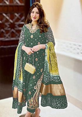 Dark Green Embroidered Faux Georgette Kurta Set