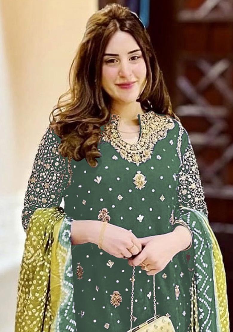 Dark Green Embroidered Faux Georgette Kurta Set