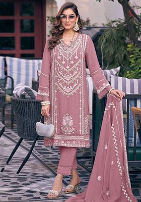 Rose Pink Embroidered Faux Georgette Kurta Set