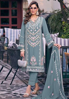 Sky Blue Embroidered Faux Georgette Kurta Set