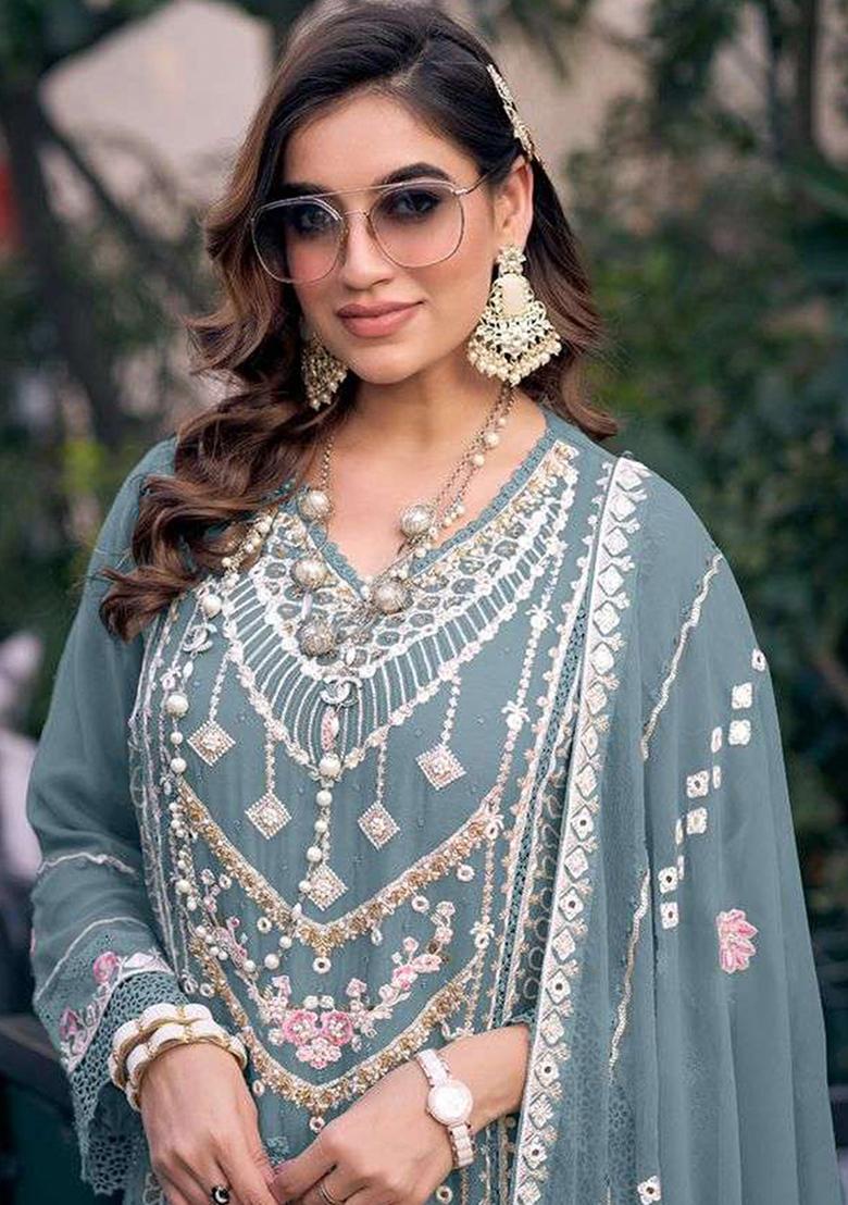 Sky Blue Embroidered Faux Georgette Kurta Set