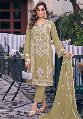 Light Olive Embroidered Faux Georgette Kurta Set