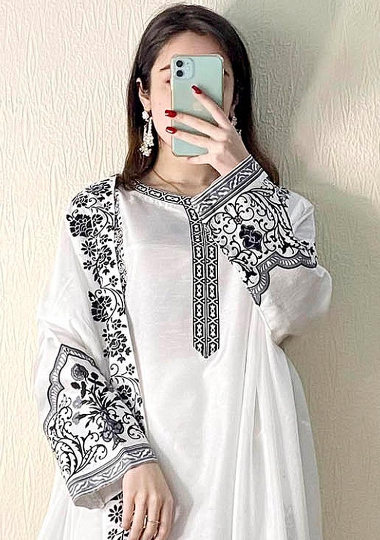 White Embroidered Faux Georgette Kurta Set