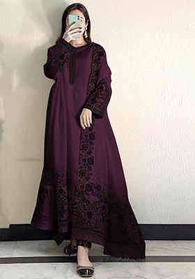 Wine Embroidered Faux Georgette Kurta Set