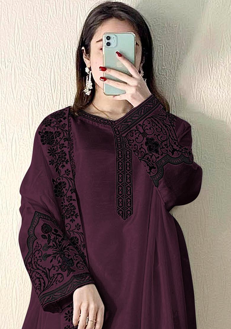 Wine Embroidered Faux Georgette Kurta Set