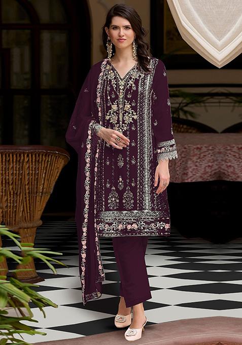 Wine Embroidered Faux Georgette Kurta Set