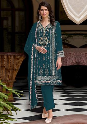 Teal Embroidered Faux Georgette Kurta Set