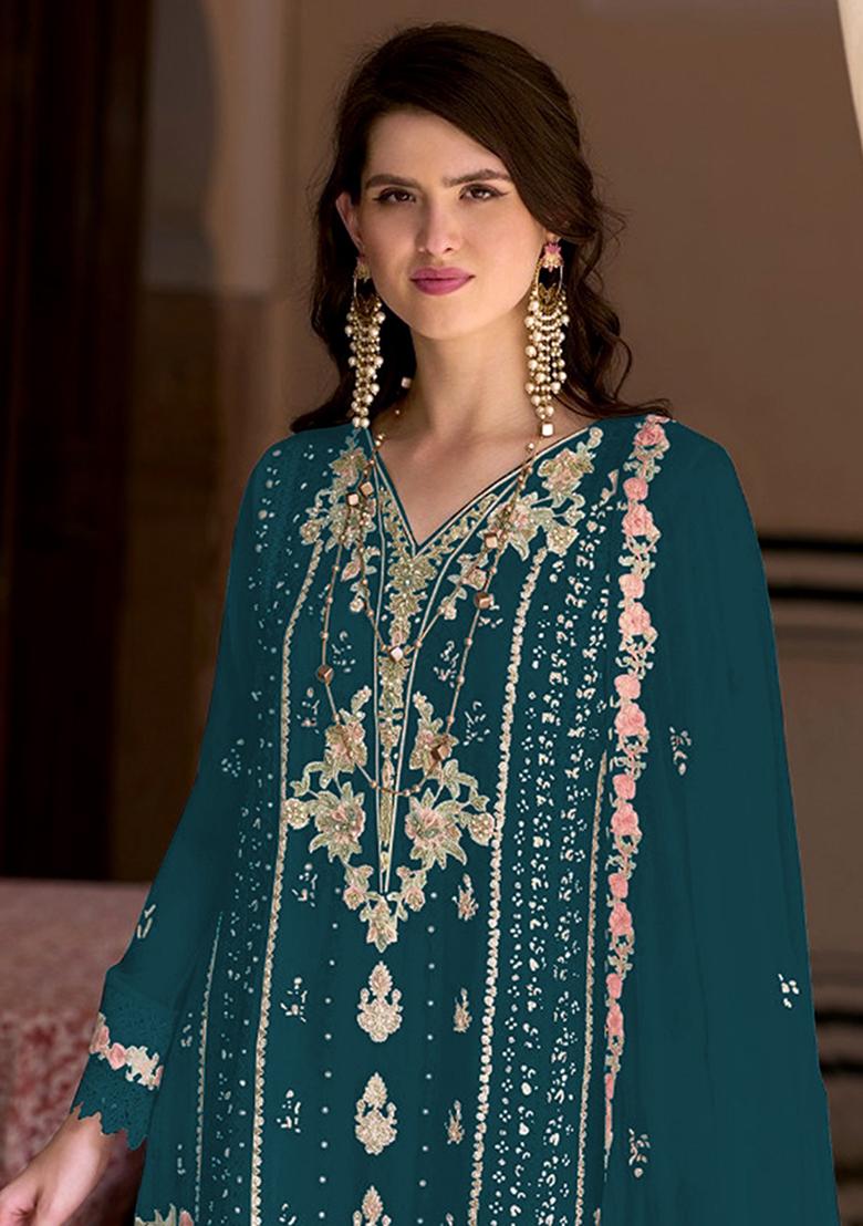 Teal Embroidered Faux Georgette Kurta Set