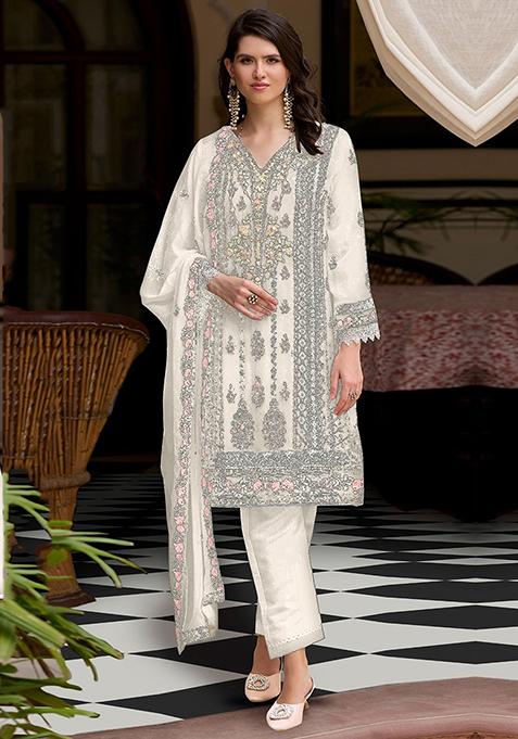 Off White Embroidered Faux Georgette Kurta Set