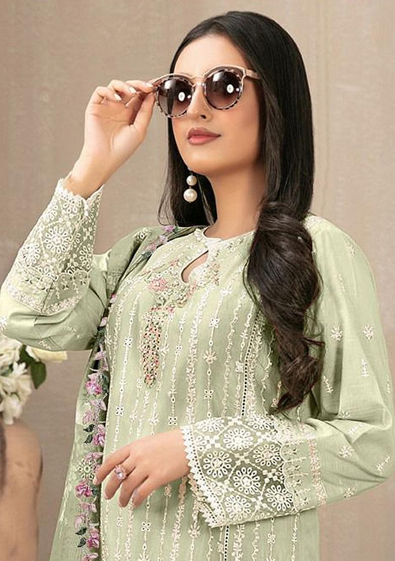 Light Pista Green Embroidered Faux Georgette Kurta Set