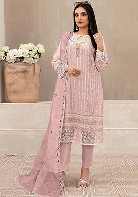 Light Blue Embroidered Faux Georgette Kurta Set