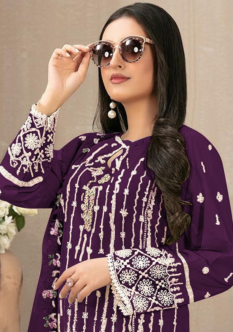 Dark Purple Embroidered Faux Georgette Kurta Set