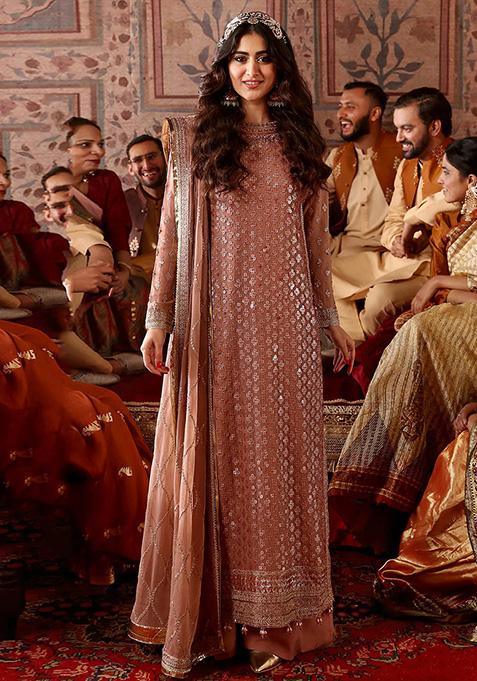 Peach Embroidered Faux Georgette Kurta Set