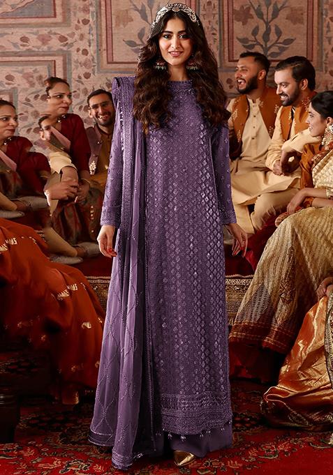 Purple Embroidered Faux Georgette Kurta Set