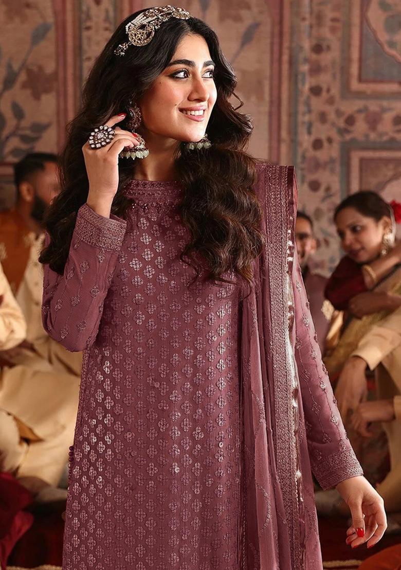 Dark Mauve Embroidered Faux Georgette Kurta Set