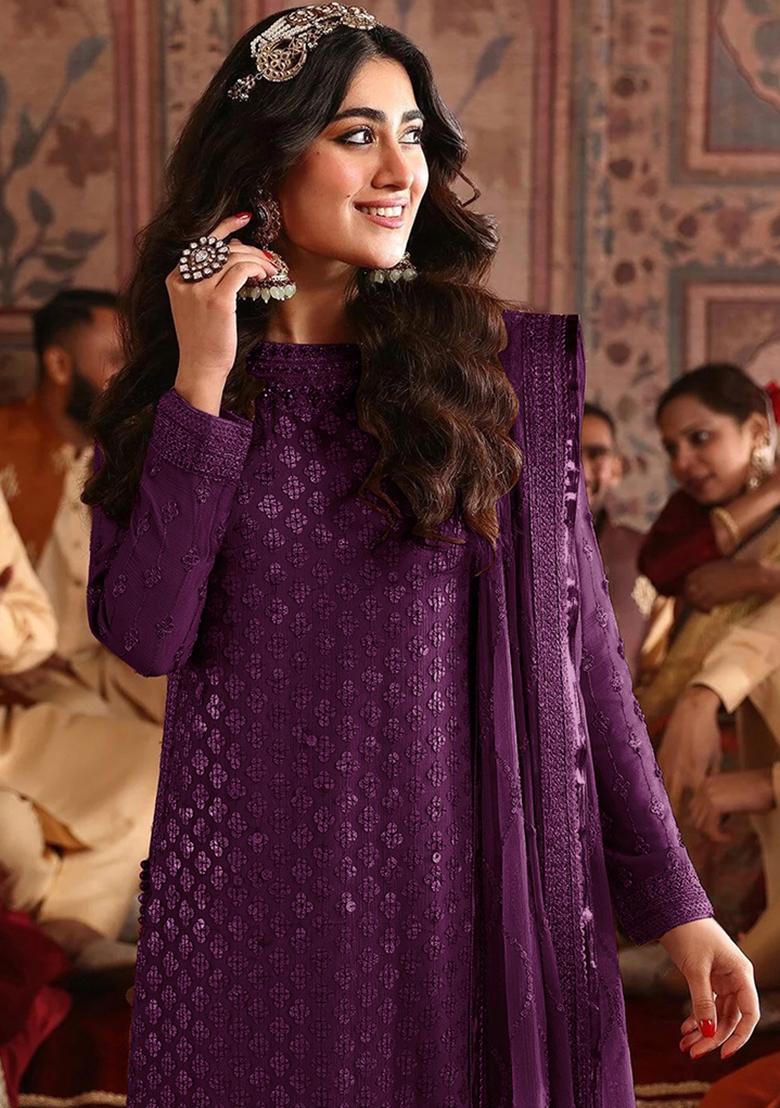 Dark Purple Embroidered Faux Georgette Kurta Set