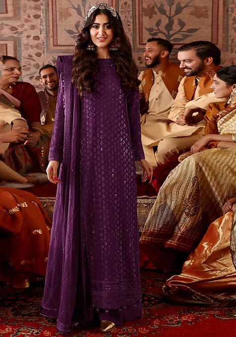 Dark Purple Embroidered Faux Georgette Kurta Set