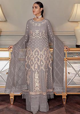 Light Grey Embroidered Net Kurta Set