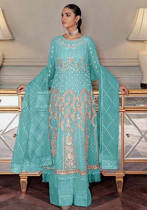 Aqua Blue Embroidered Net Kurta Set