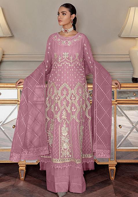 Pink Embroidered Net Kurta Set