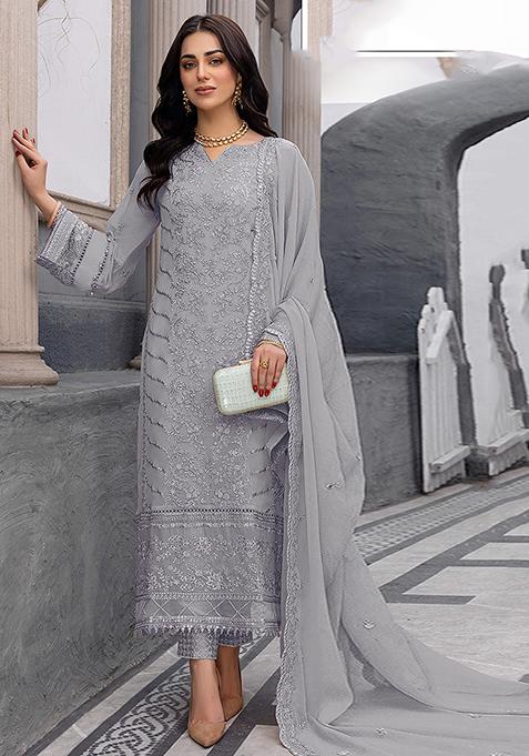 Grey Embroidered Faux Georgette Kurta Set