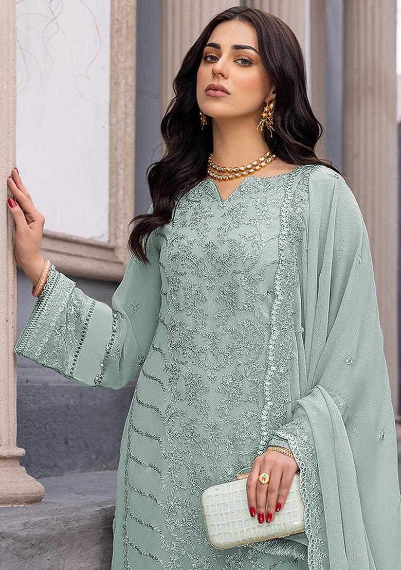 Sea Green Embroidered Faux Georgette Kurta Set