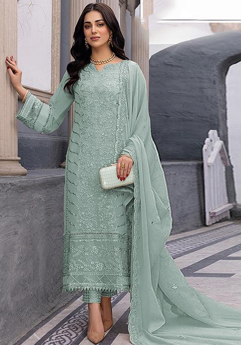 Sea Green Embroidered Faux Georgette Kurta Set