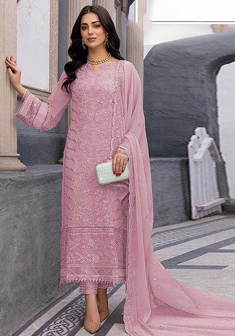 Pink Embroidered Faux Georgette Kurta Set