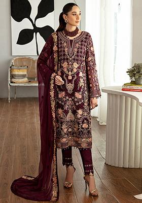 Maroon Embroidered Faux Georgette Kurta Set