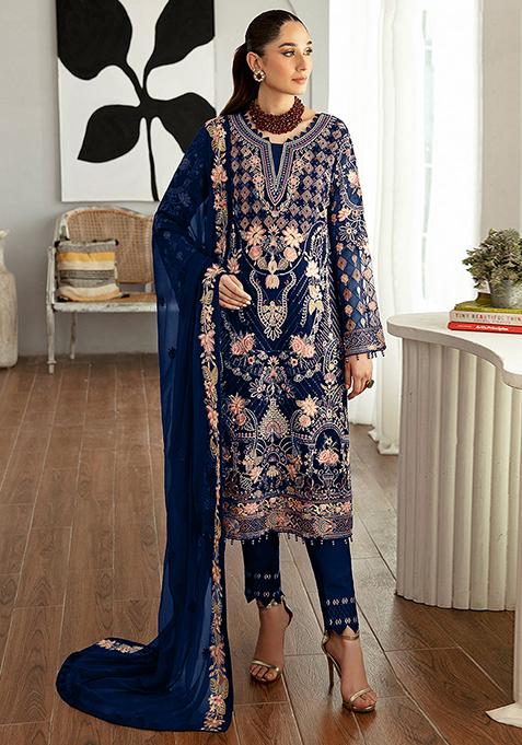 Navy Blue Embroidered Faux Georgette Kurta Set