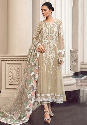 Beige Embroidered Faux Georgette Kurta Set