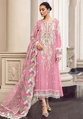 Pink Embroidered Faux Georgette Kurta Set