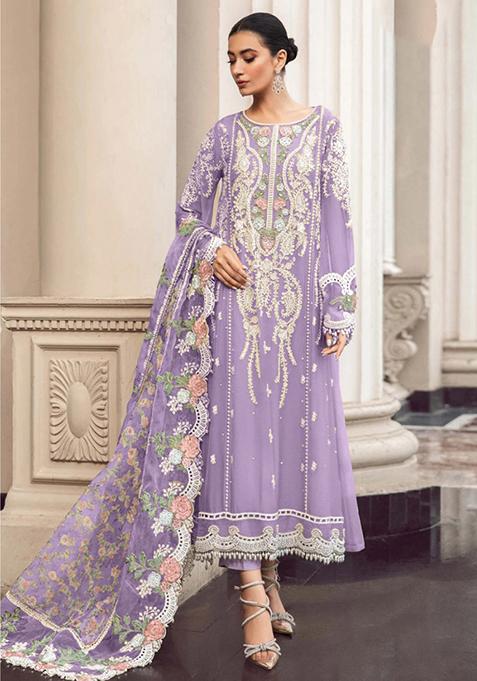 Lavender Embroidered Faux Georgette Kurta Set