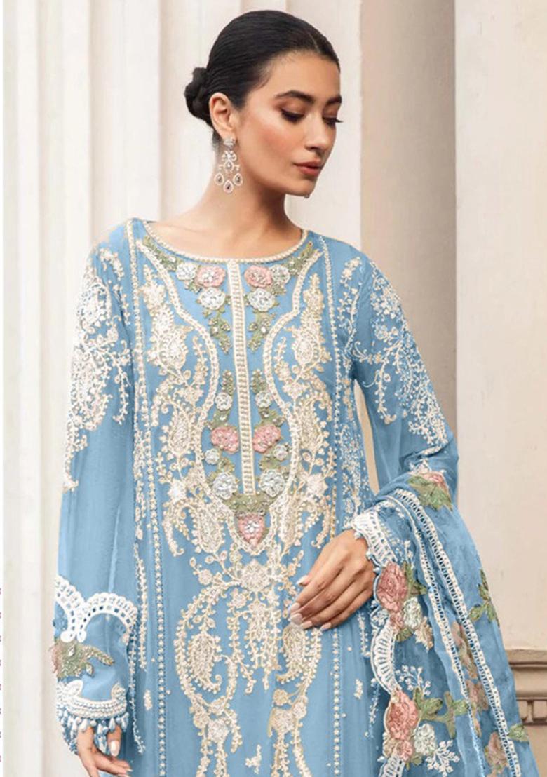 Sky Blue Embroidered Faux Georgette Kurta Set