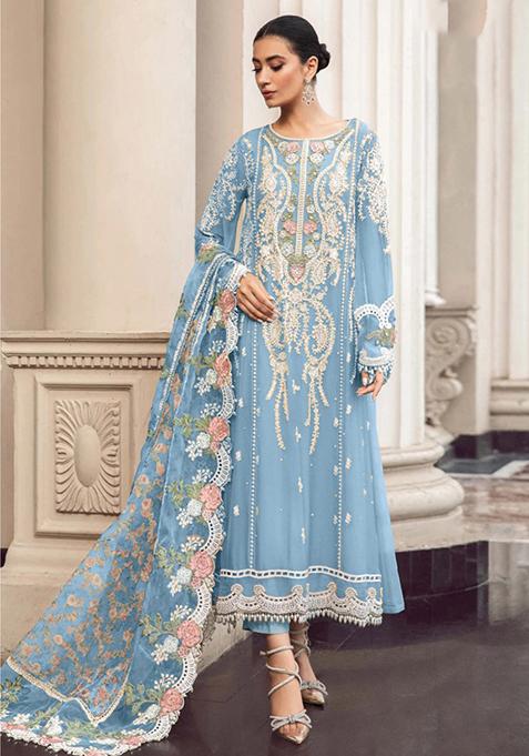 Sky Blue Embroidered Faux Georgette Kurta Set