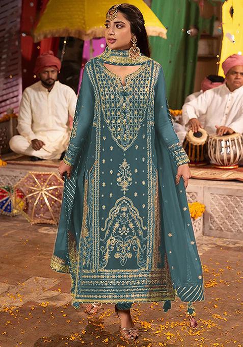 Teal Embroidered Georgette Kurta Set