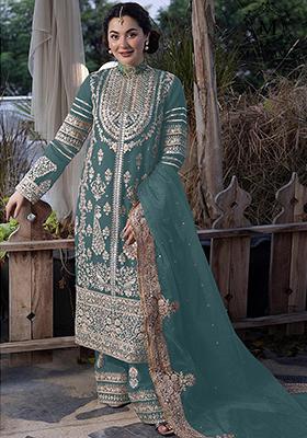 Sea Green Embroidered Faux Georgette Kurta Set