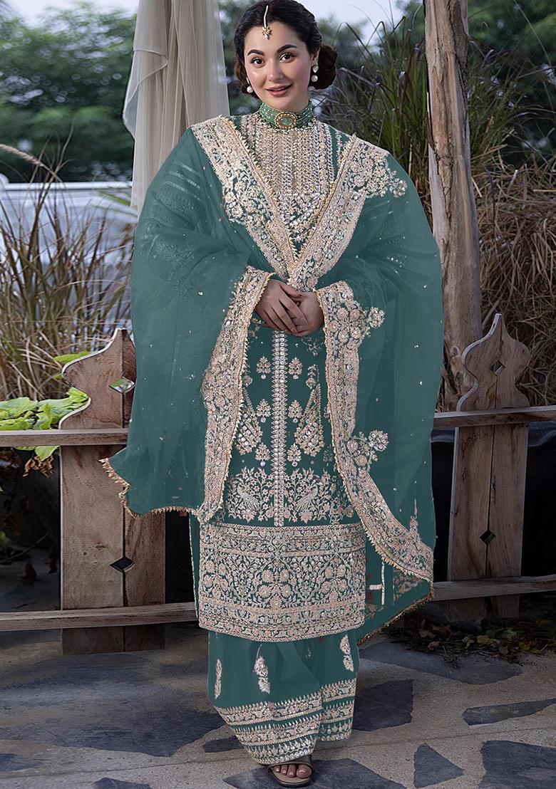 Sea Green Embroidered Faux Georgette Kurta Set